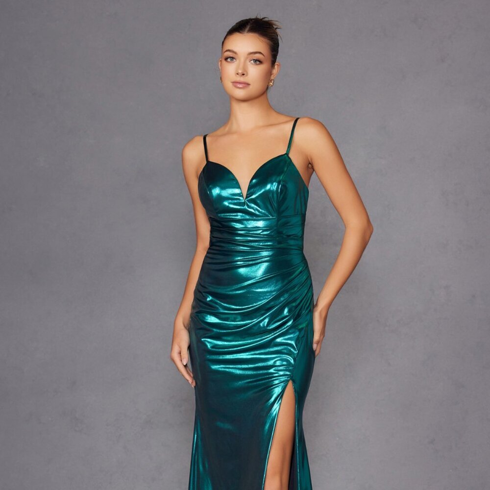 NEW FORMAL SLEEVELESS SHEATH METALLIC LONG GOWN W/ OPEN BACK & LEG SLIT JT2567U